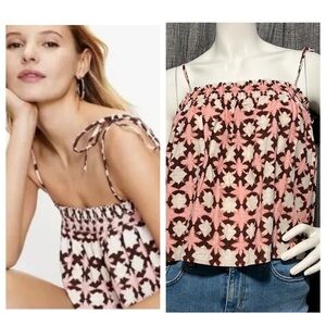 Loft Women's Pink Brown Cream Ikat Smocked Bow Strap Linen Blend Top XS NWT